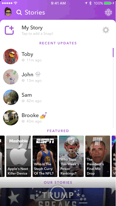 A screenshot of Snapchat's Publisher Stories