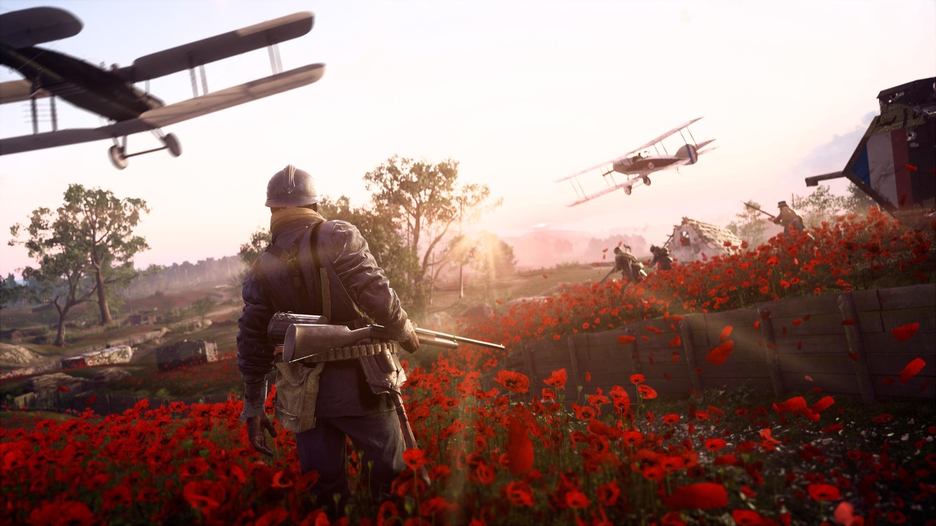 Screenshot from "Battlefield 1" featuring a soldier in a field of flowers and planes flying overhead.