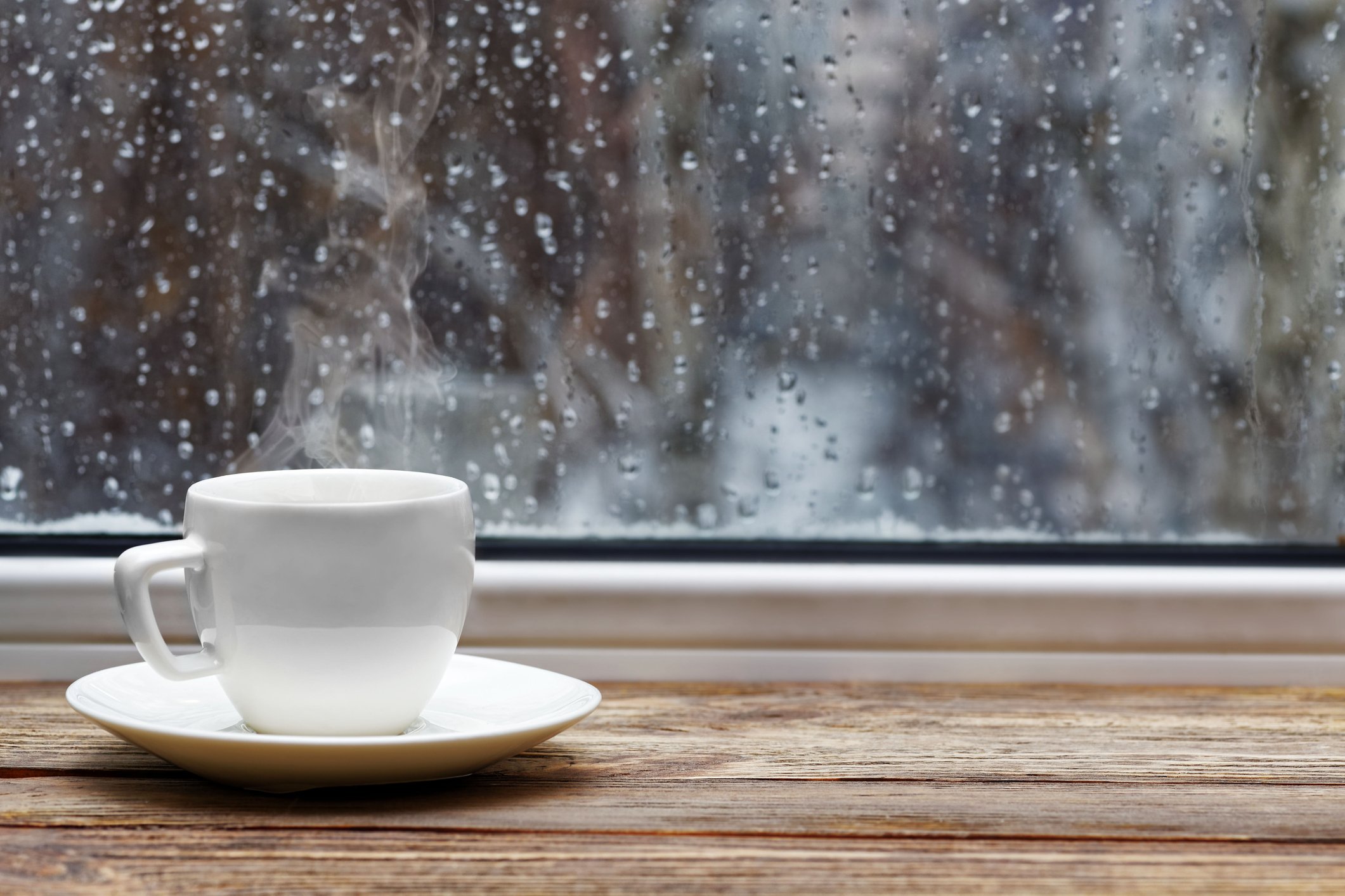 Coffee cup and raindrops.