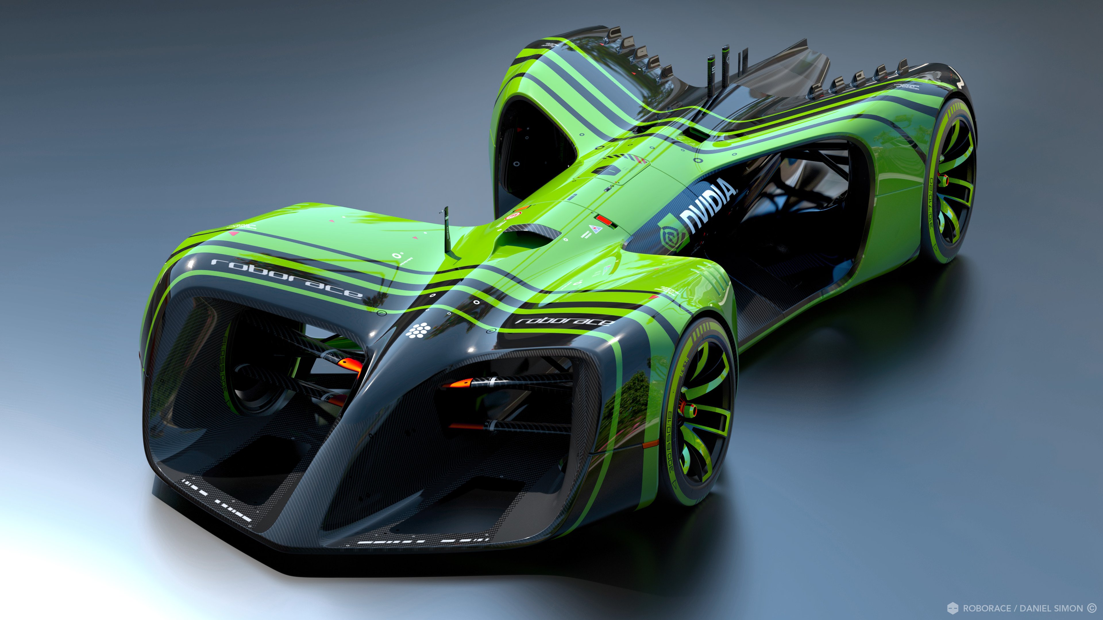 The Robocar, pictured here in green and black, has no cockpit for a driver.