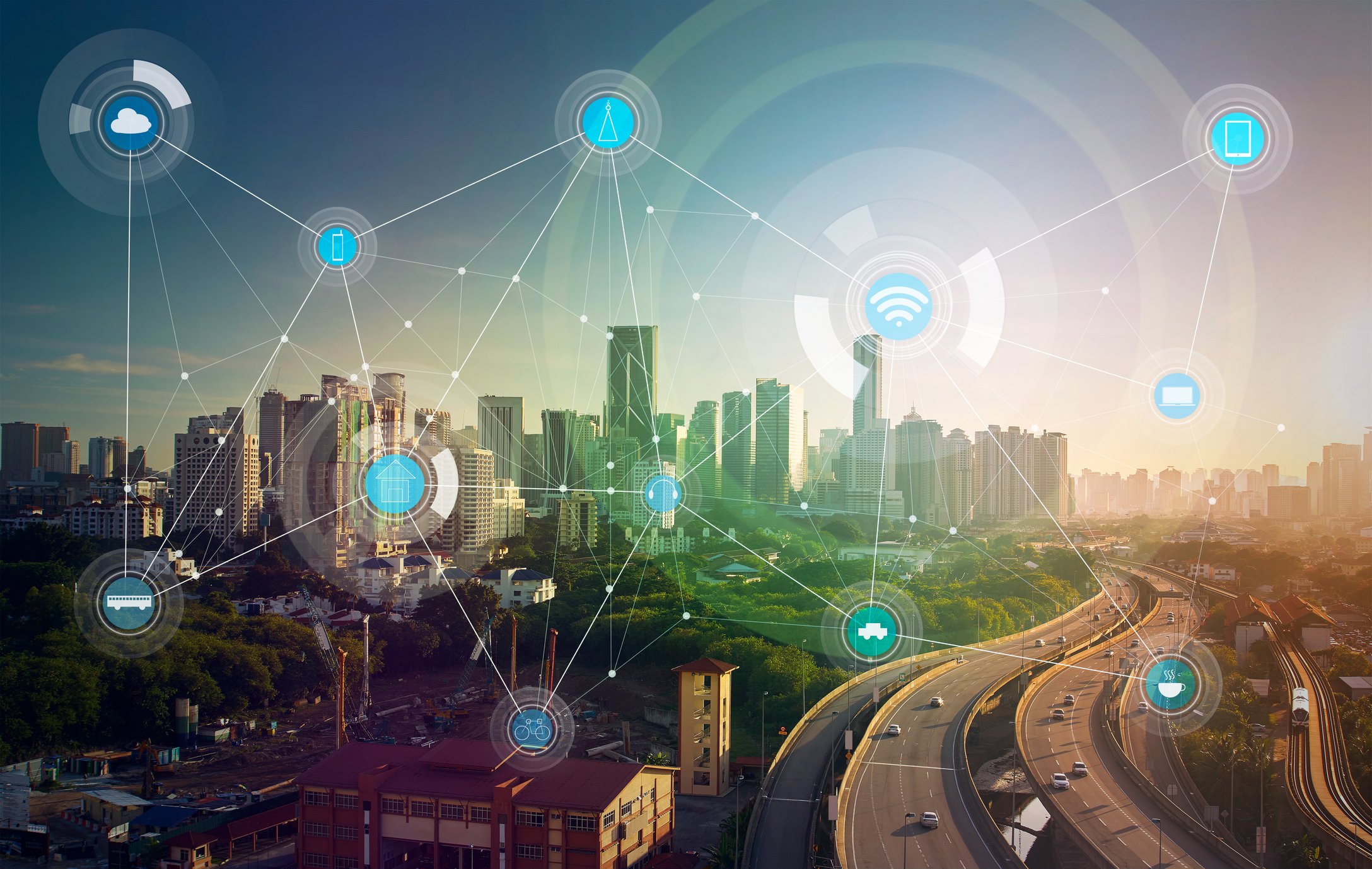 A vision of a smart city where everything is connected to the internet. 