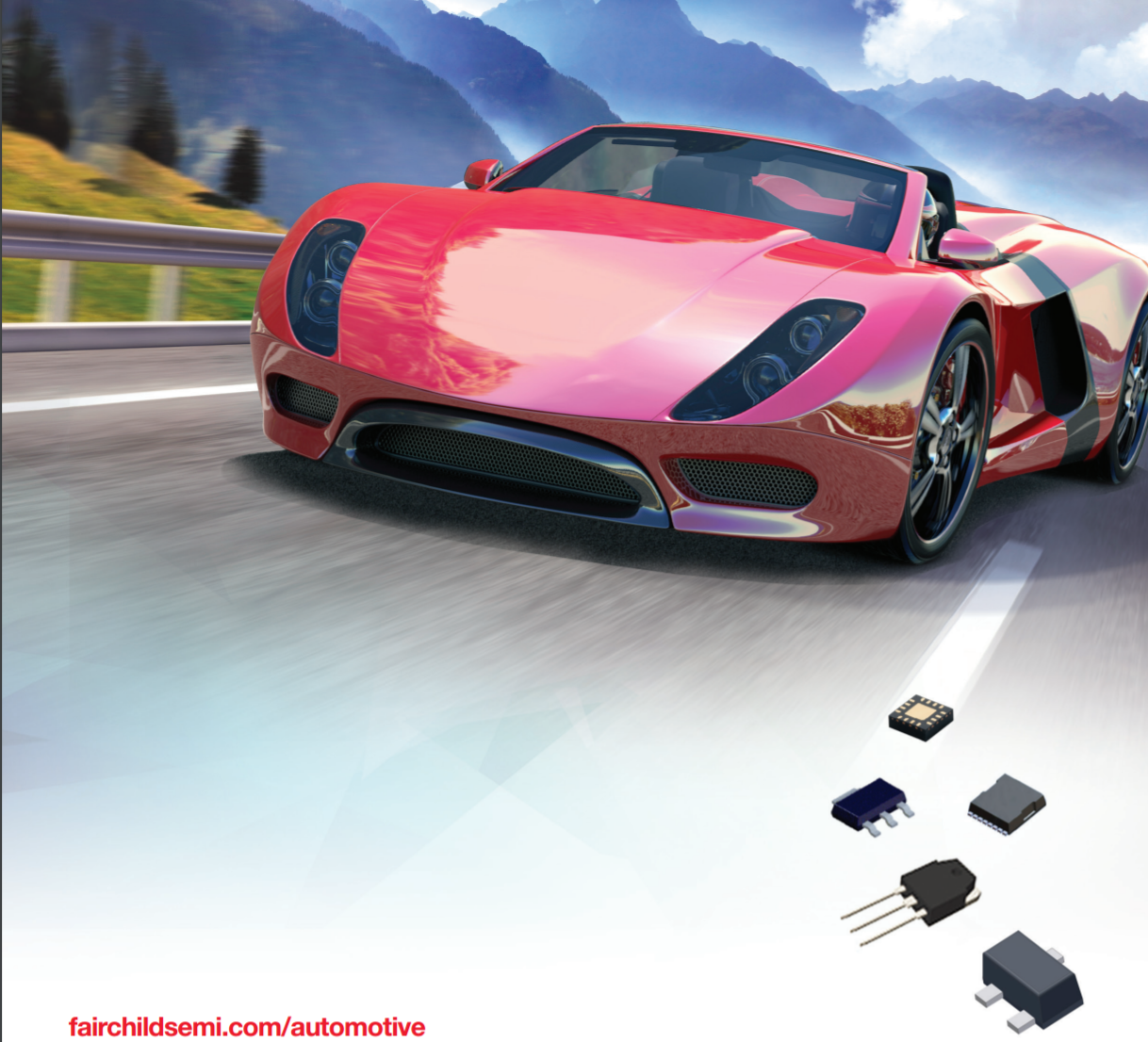 A picture of a sports car driving on a road, and pictures of several Fairchild auto parts displayed beneath.