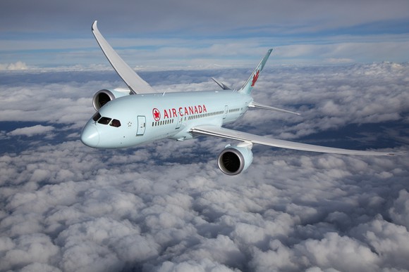 An Air Canada plane in flight.