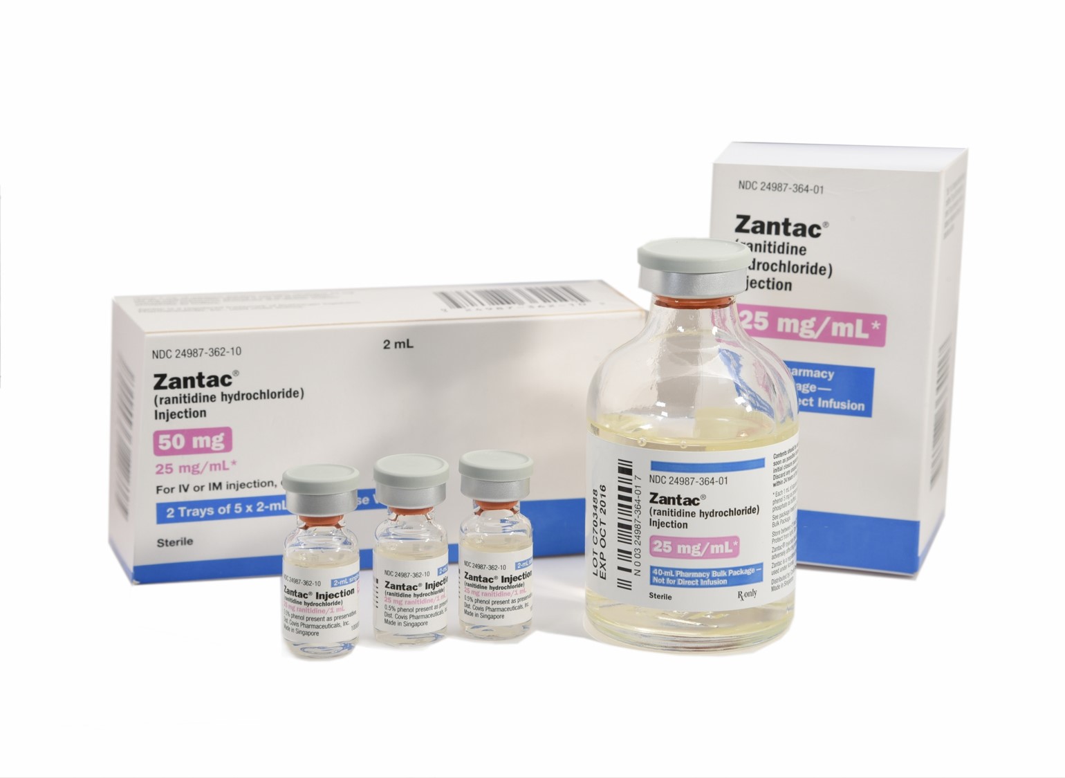 Photo of Teligent Zantac injectible drug in vials. 