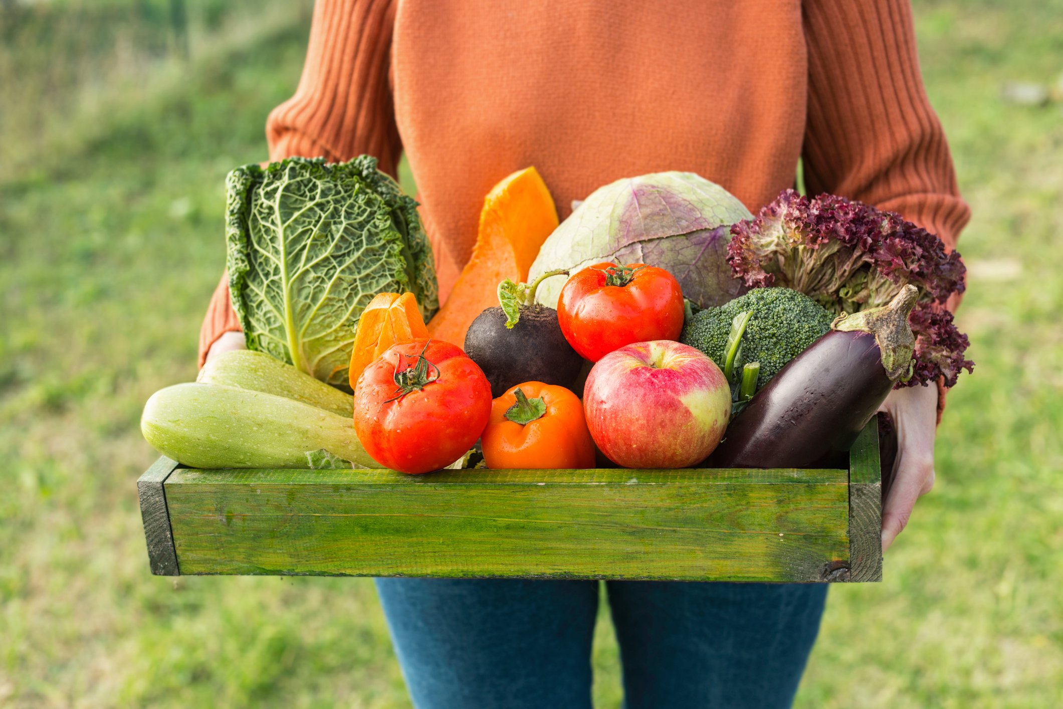 A farmer walks through a yard carrying a tray filled with freshly picked vegetables.