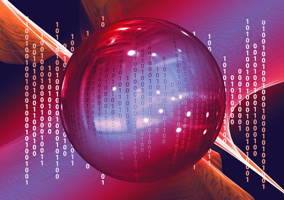 Stylized sphere generating binary computer code.
