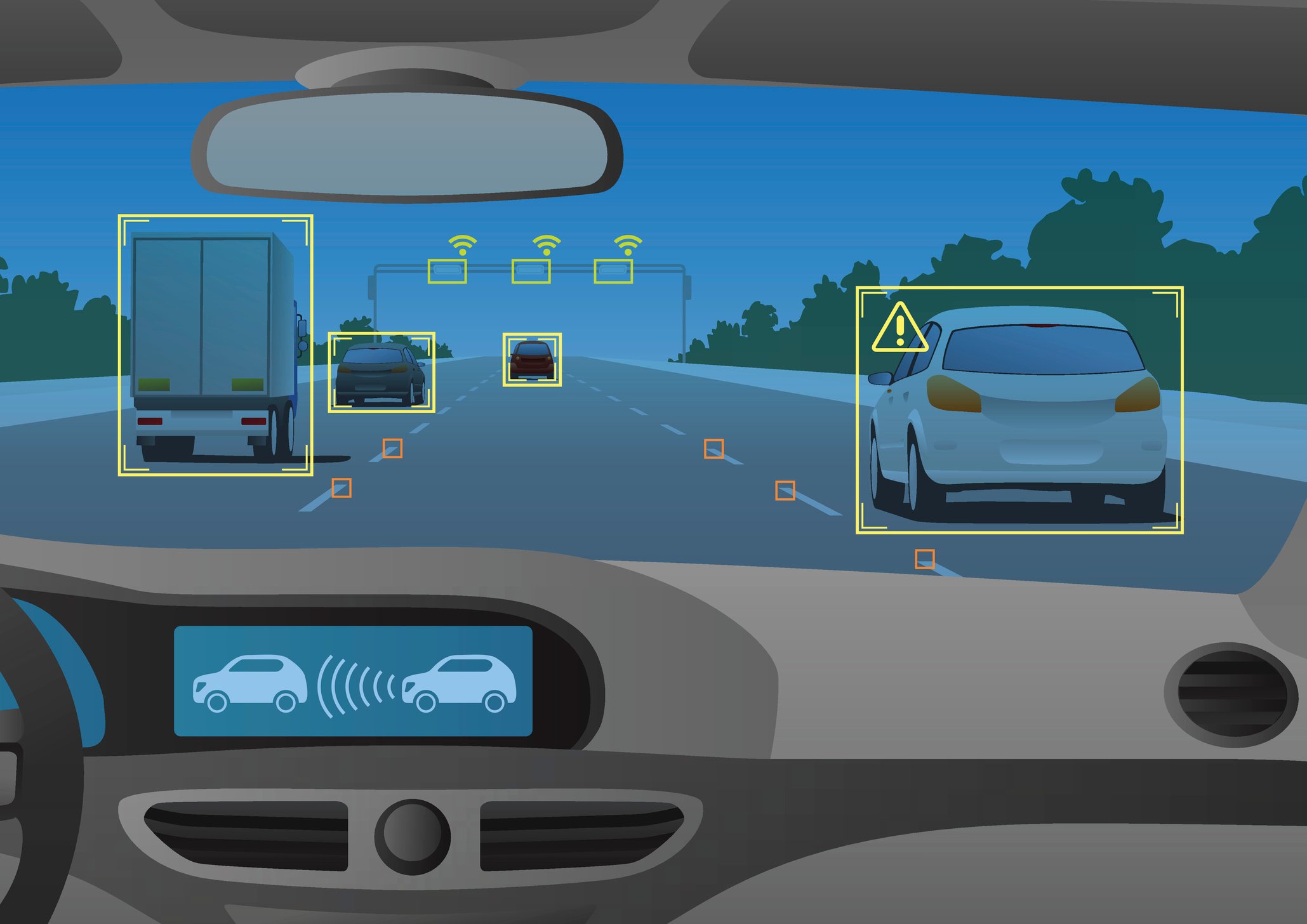 Cartoon of cameras and sensors identifying vehicles and objects while a vehicle is in motion.