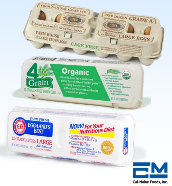 A picture of thee cartons of eggs from Cal-Maine: Farm House cage-free eggs, 4-Grain organic eggs, and Egg Land's Best farm fresh eggs.