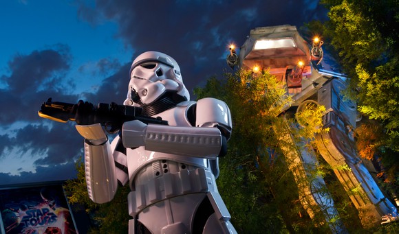 A stormtrooper guarding the Star Tours ride.
