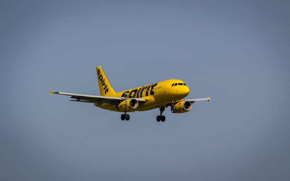 Yellow liveried plane cruising in sky.