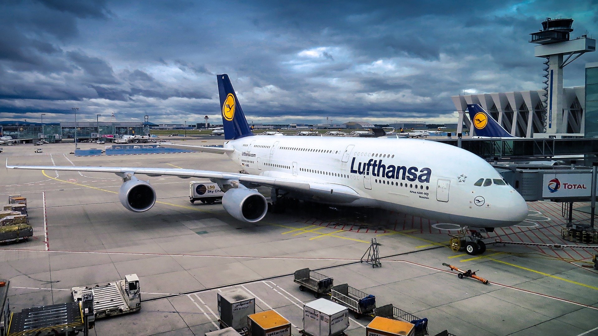 A Lufthansa A380 airplane at the gate