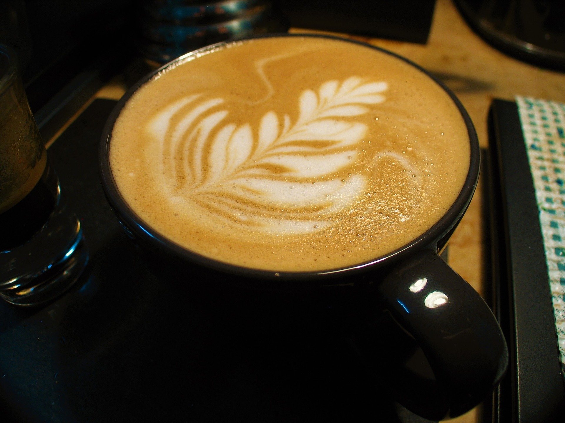 A latte with a leaf drawn in the foam