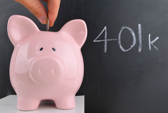 Piggybank in front of chalkboard with 401(k) written on it.