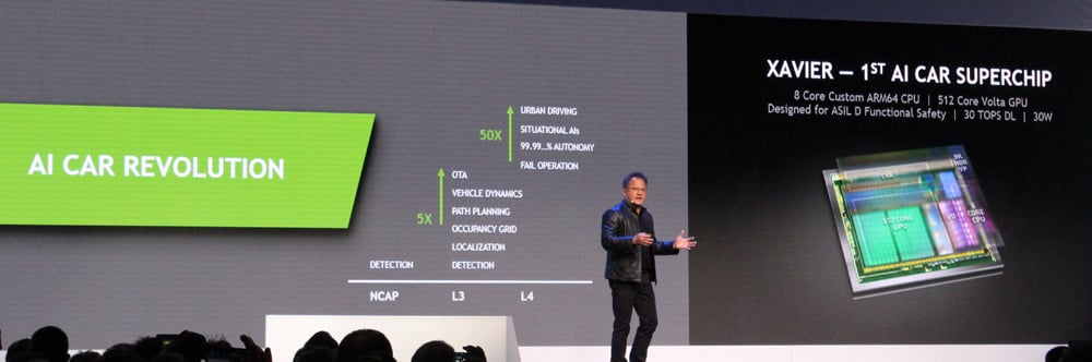 NVIDIA CEO Jen-Hsun Huang introducing his company's new self-driving partnership with Bosch