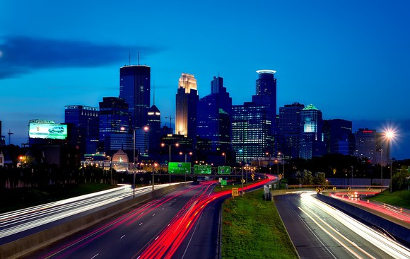 Minneapolis, Minnesota skyline at dusk. 