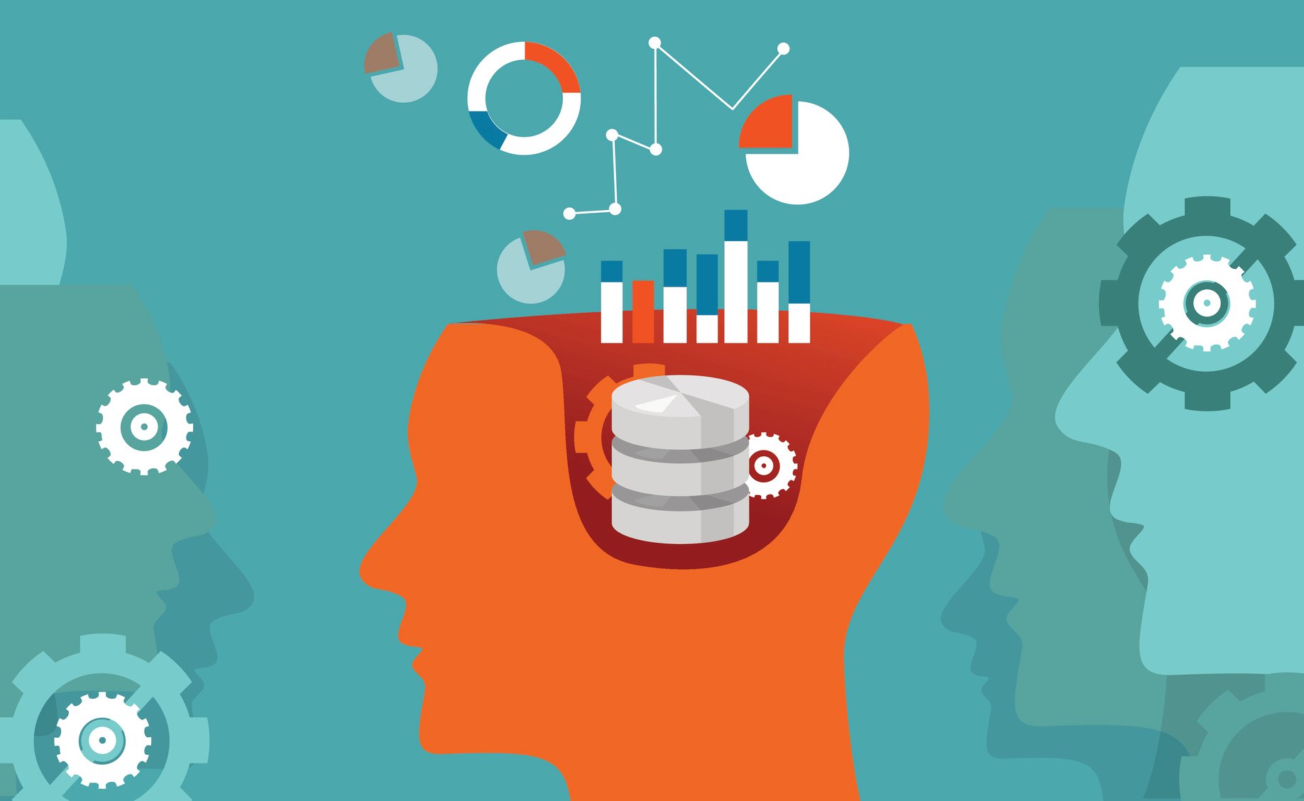 A cartoon head opened up and data -- bar graphs, pie charts, etc. -- going inside. 