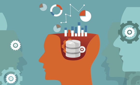 A cartoon head opened up and data -- bar graphs, pie charts, etc. -- going inside. 