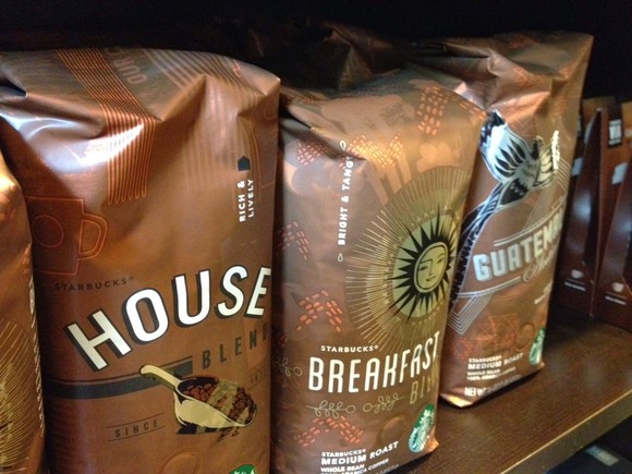 A row of Starbucks coffee bags