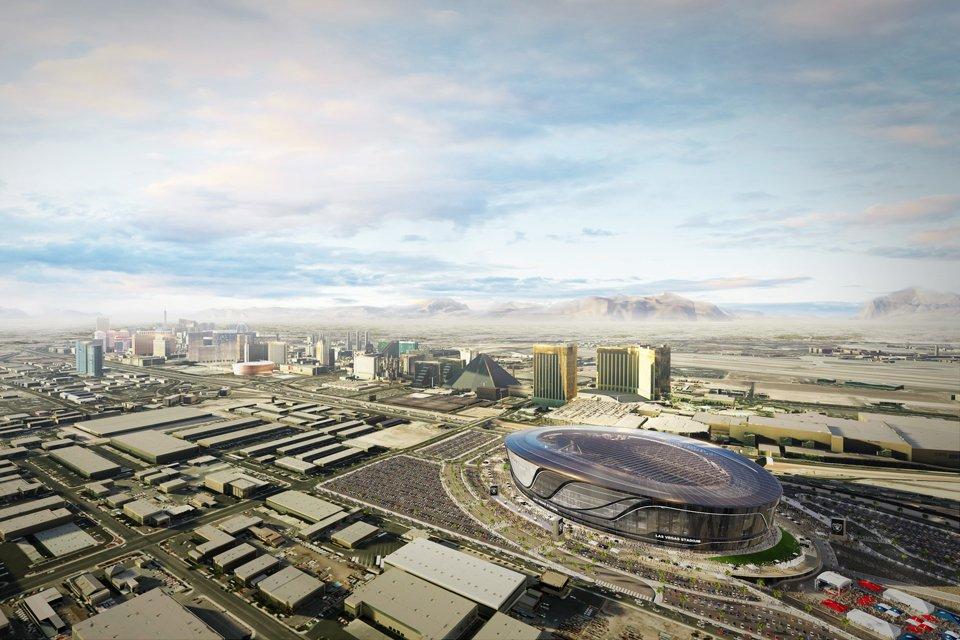 Artist's bird's-eye-view rendering of the Raiders new stadium near the Las Vegas Strip.