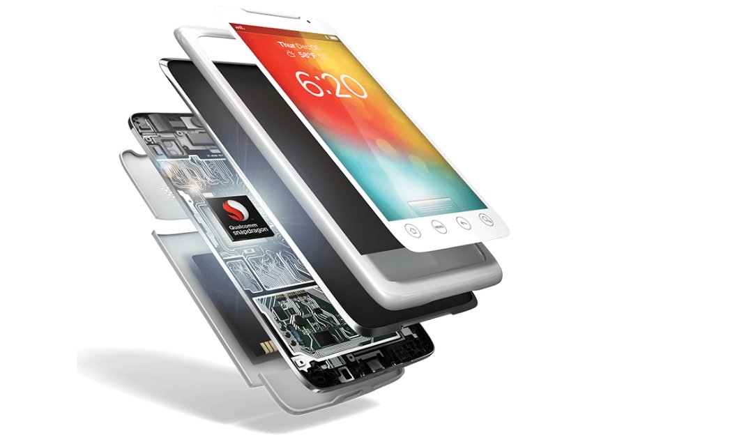 A cutaway for a mobile phone revealing a Snapdragon processor inside.