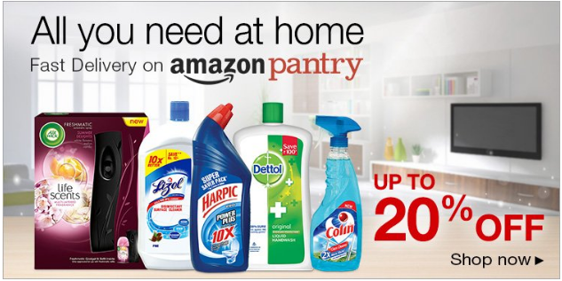Amazon Pantry promotional material showing cleaning products.