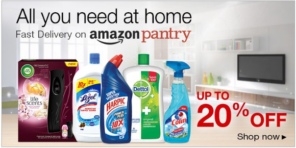 Amazon Pantry promotional material showing cleaning products.