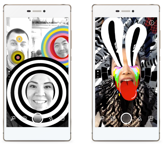 Facebook camera effect on two mobile devices.