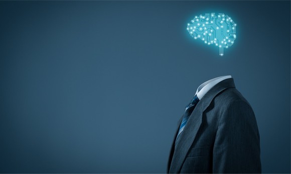 A "headless" businessman with a cloud-based brain depicting artificial intelligence.