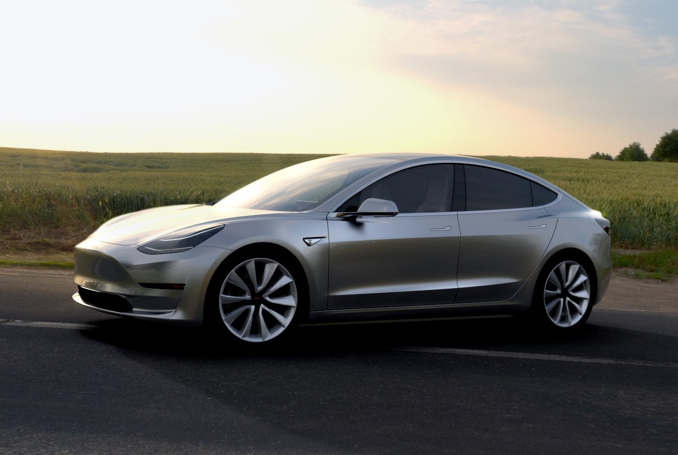 A silver pre-production Tesla Model 3 sedan.