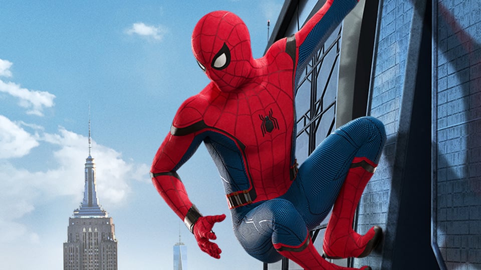 Spider-Man hanging on to a building, from Sony's upcoming "Spider-Man: Homecoming."