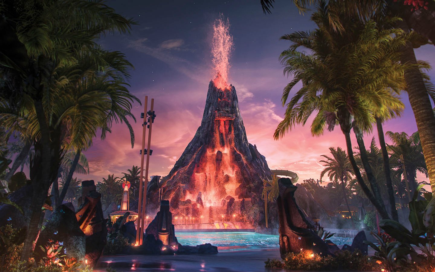 Volcano Bay's centerpiece erupting in concept art.