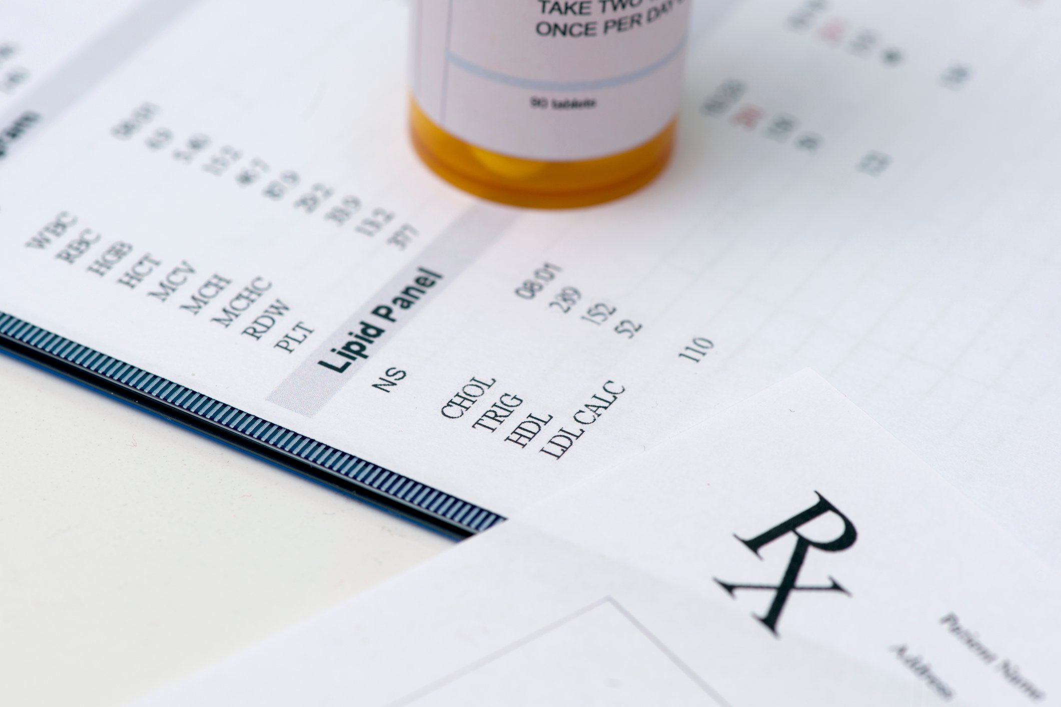 A lab report with a prescription drug bottle sitting on it.