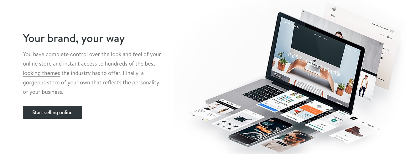 Shopify's homepage, showing a computer with a person's business e-commerce platform on it.