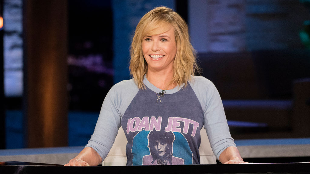 Chelsea Handler hosting her show on Netflix.
