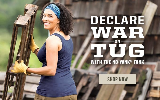 An advertisement for Duluth Trading Company's No-Yank Tank with the tagline "declare war on tug."