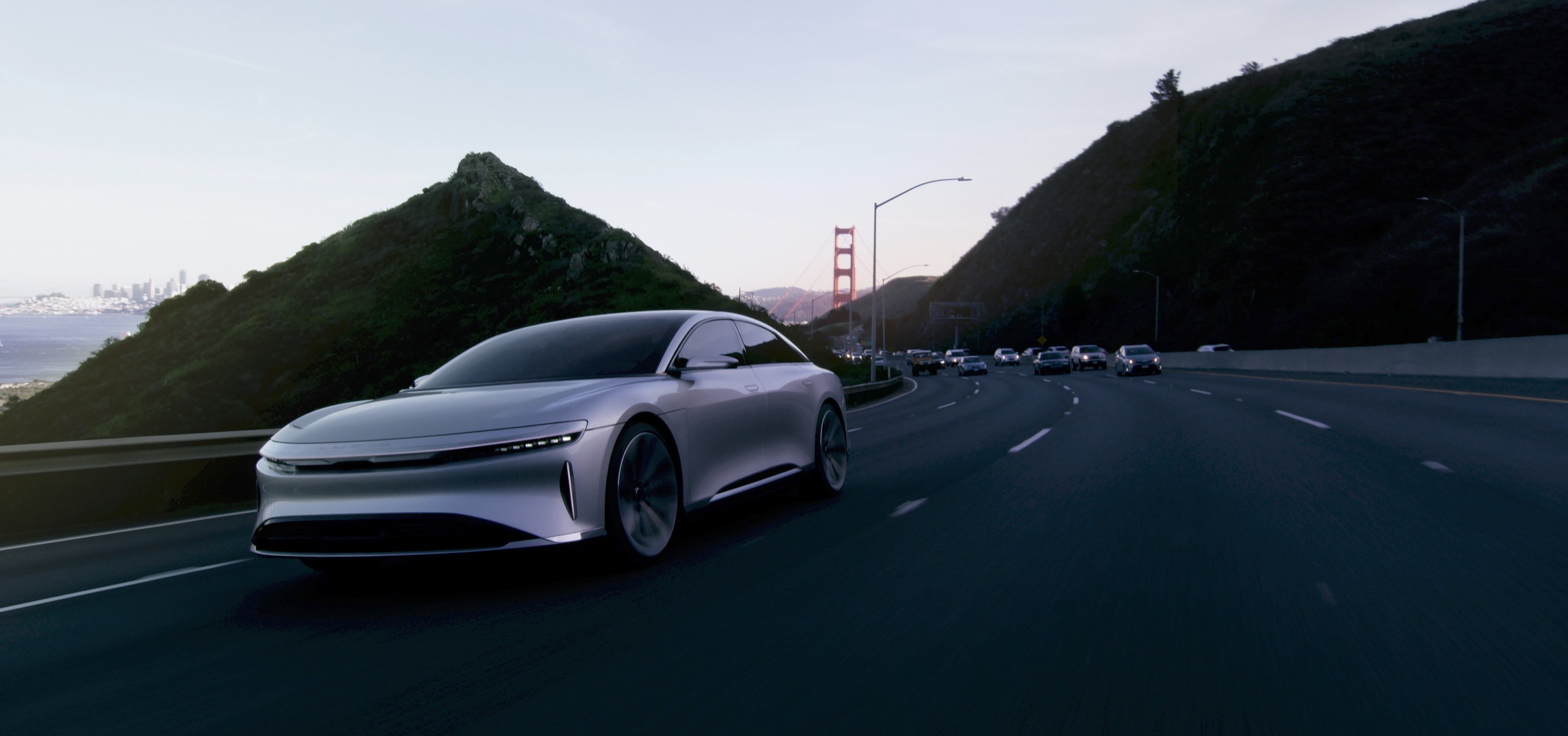 Lucid Air driving near the Golden Gate Bridge