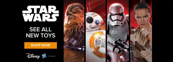 A Hasbro advertisement for toys based on Disney's "Star Wars" franchise, which sows four main characters in "The Force Awakens."