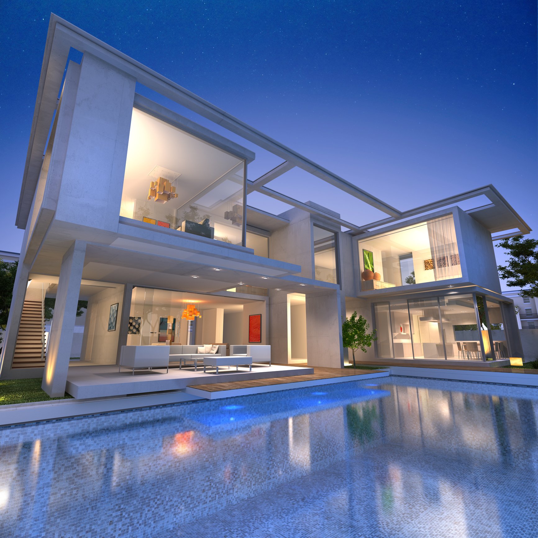 A mansion with a pool.