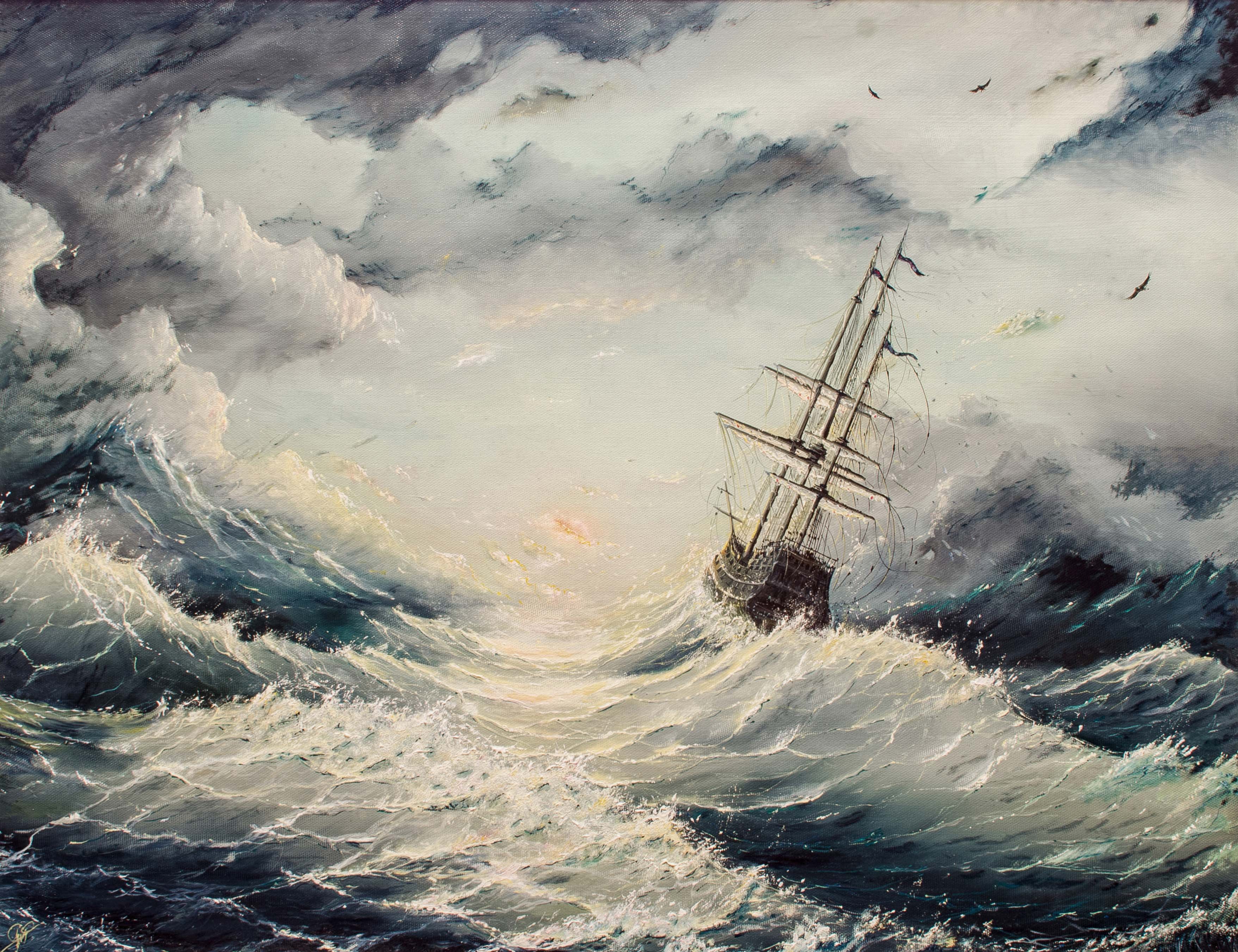 Oil painting of a ship in a storm.