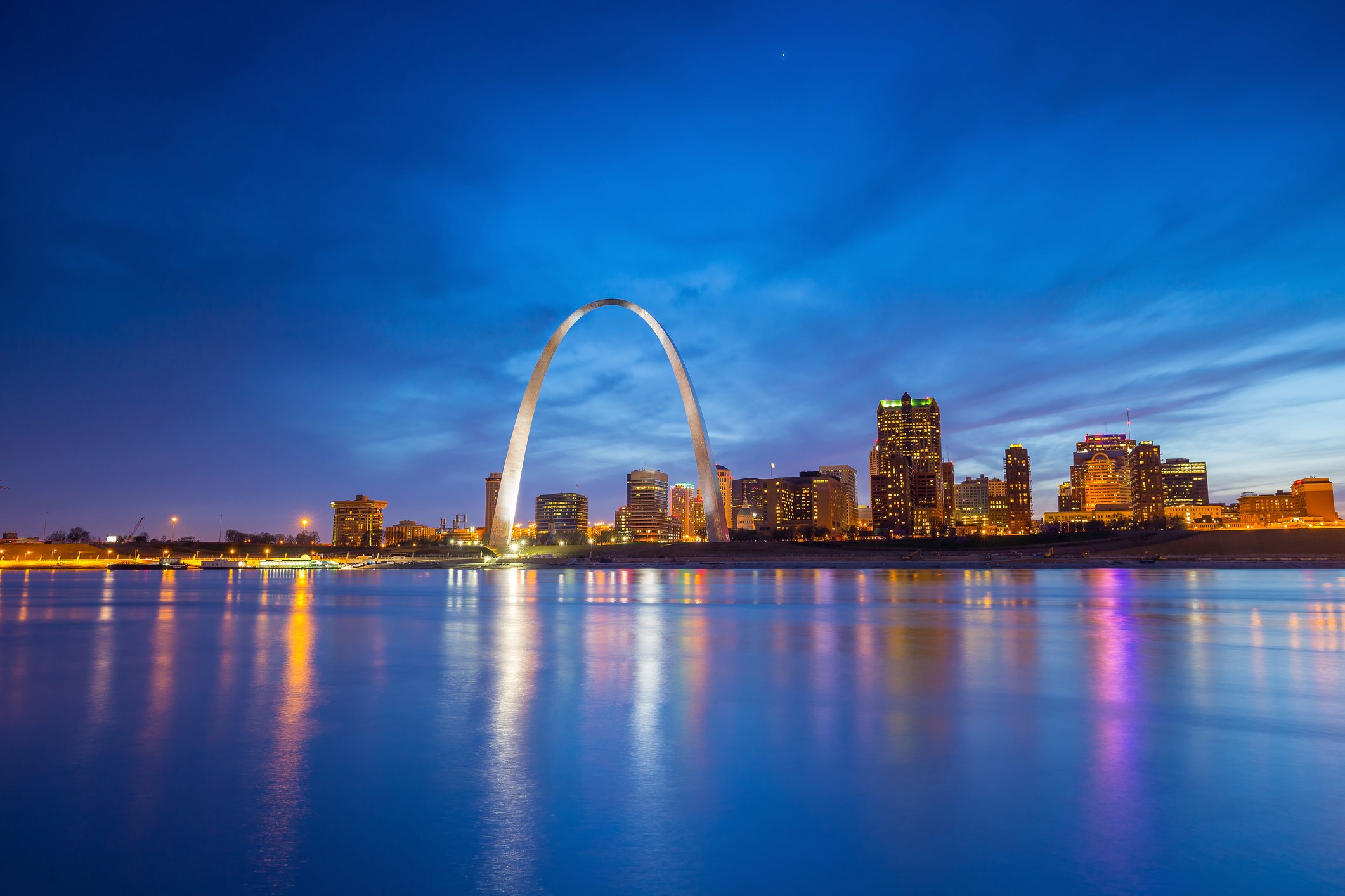 St. Louis, Missouri, with Gateway Arch at night.