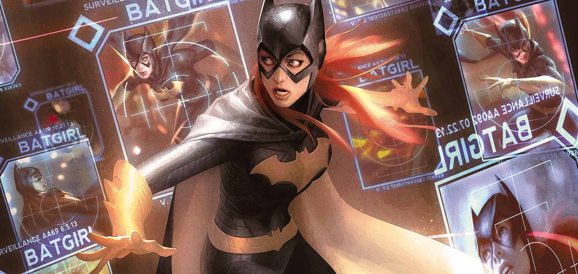 DC Comics character Batgirl standing in front of a screen that has images of her on it.