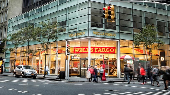 A group of people walk past a Wells Fargo store front.