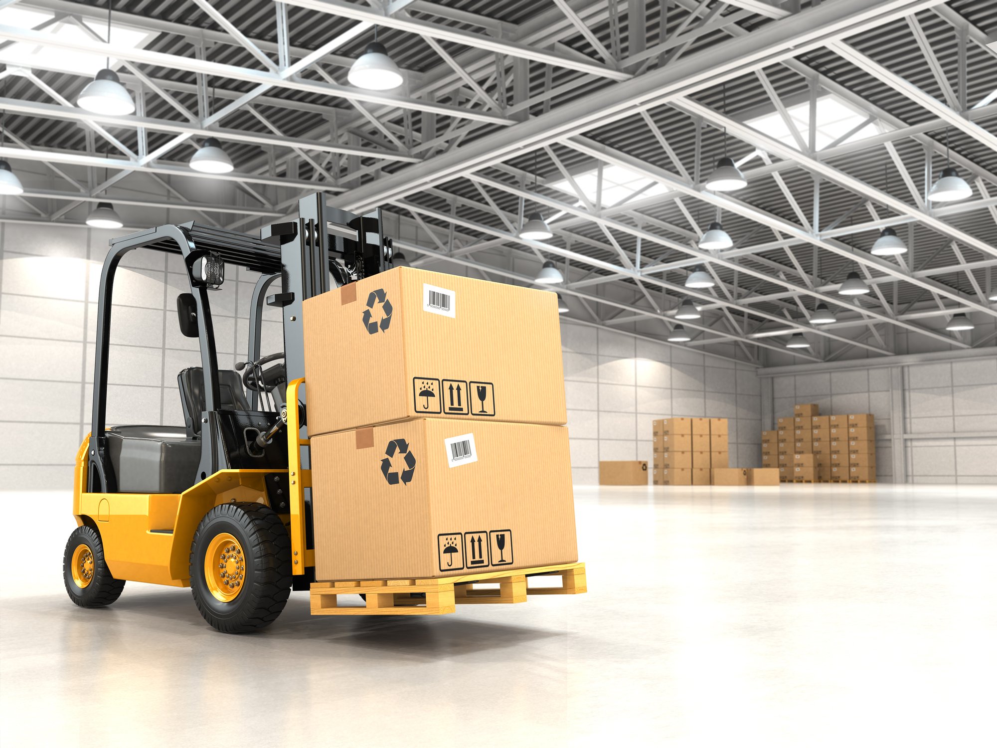 Picture of a forklift driving in a large warehouse.