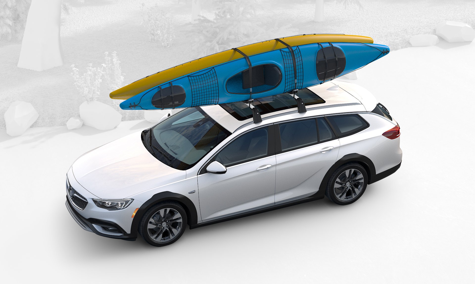 A white Regal TourX with a blue kayak on its roof is shown from above.