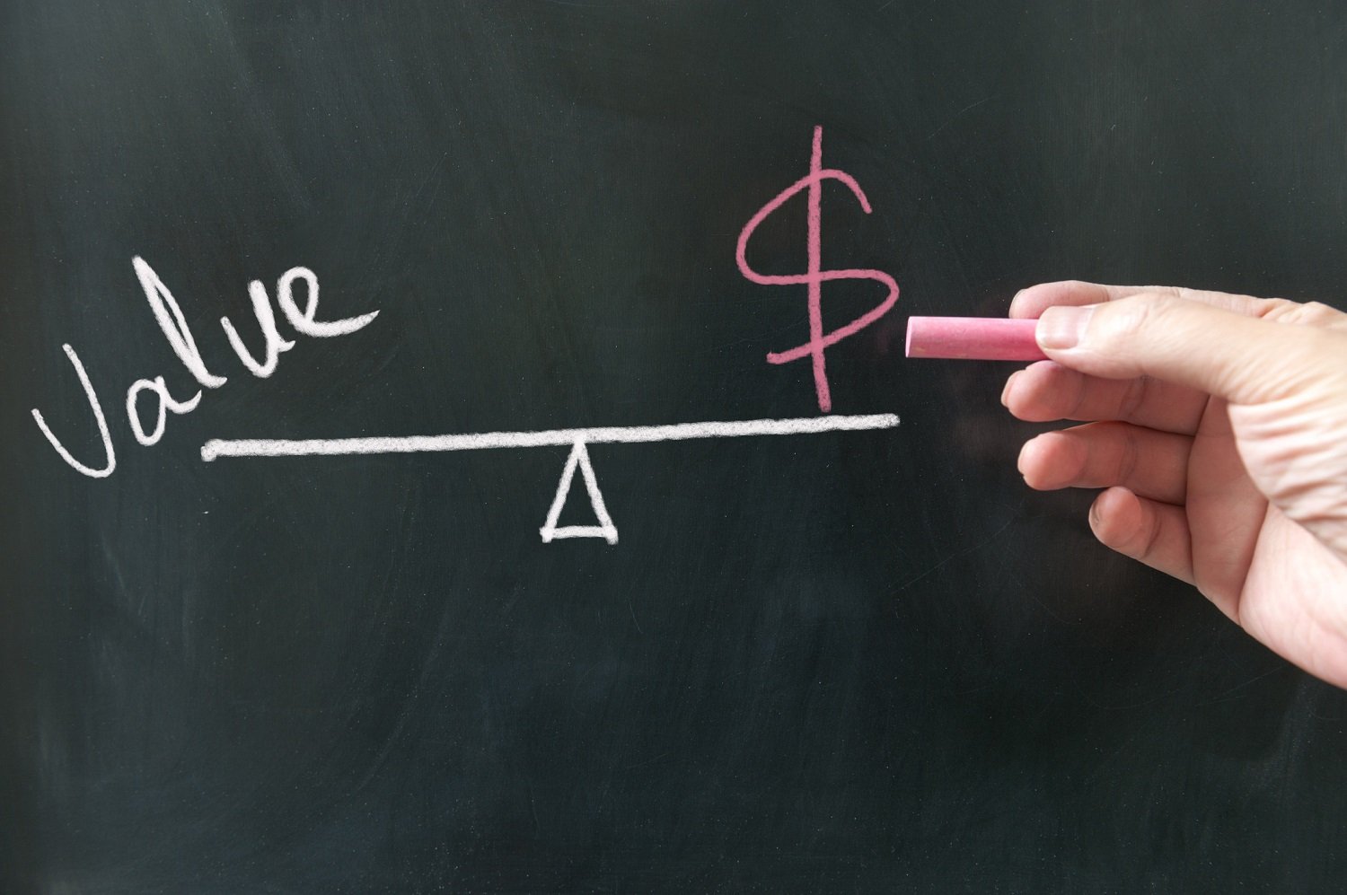 See-saw on a chalkboard with "value" on one end and a dollar sign on the other. 