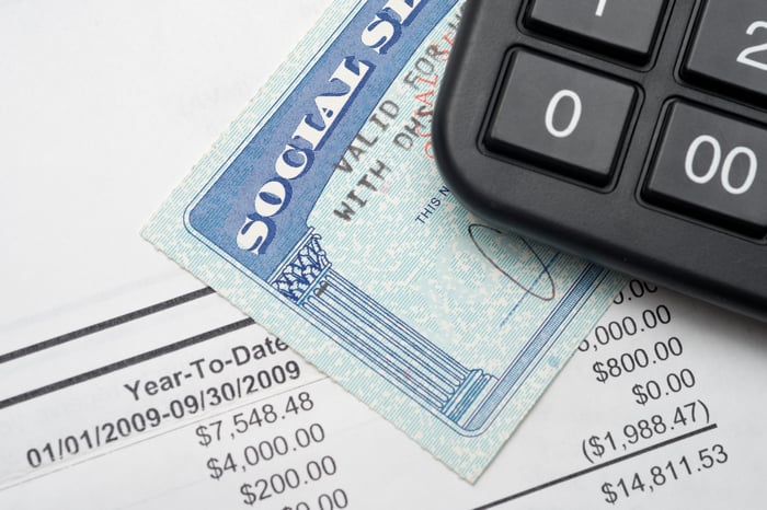 Social Security card and calculator.