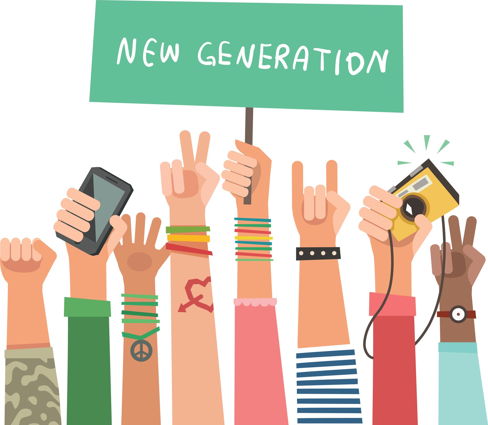Drawing of young peoples' hands in the air, with one hand holding up a sign that reads "New Generation".