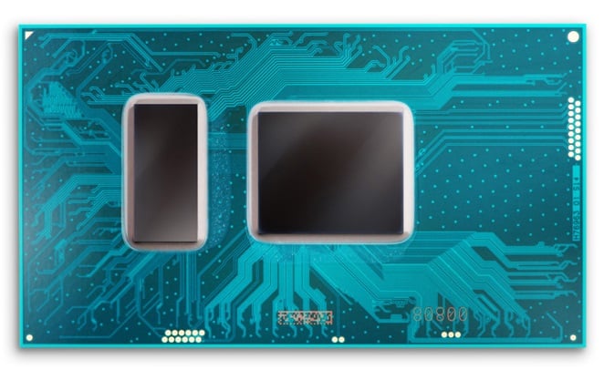 An Intel processor with two silicon dies on the same package. 