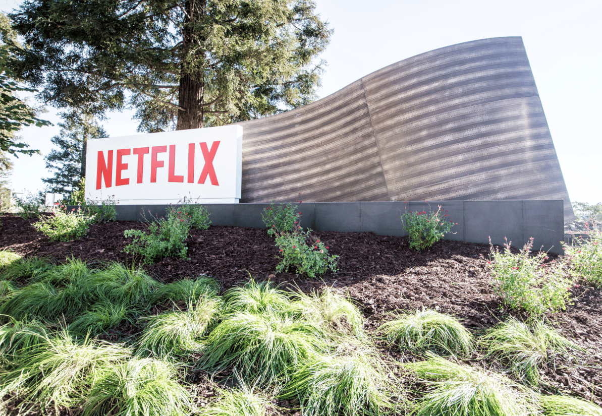 Netflix logo outside of headquarters.