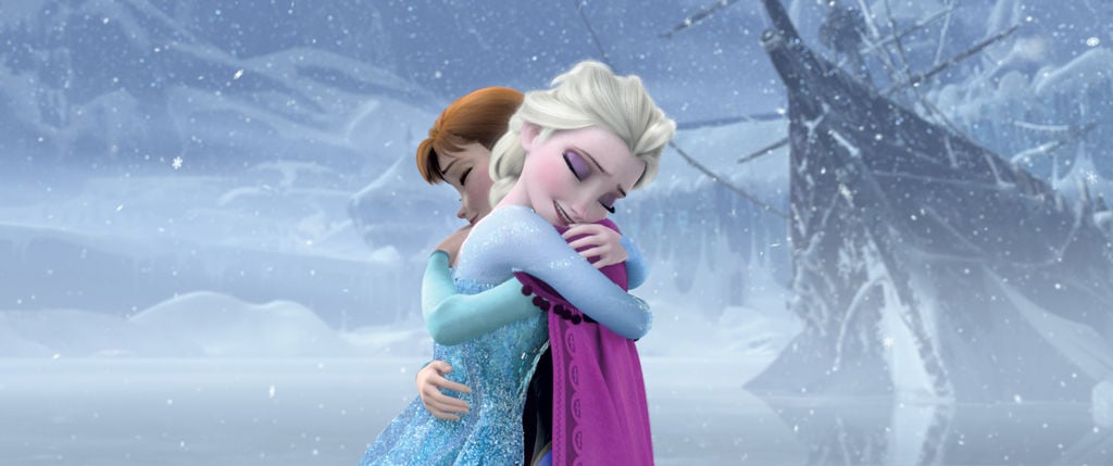 Disney princesses Elsa and Anna hugging